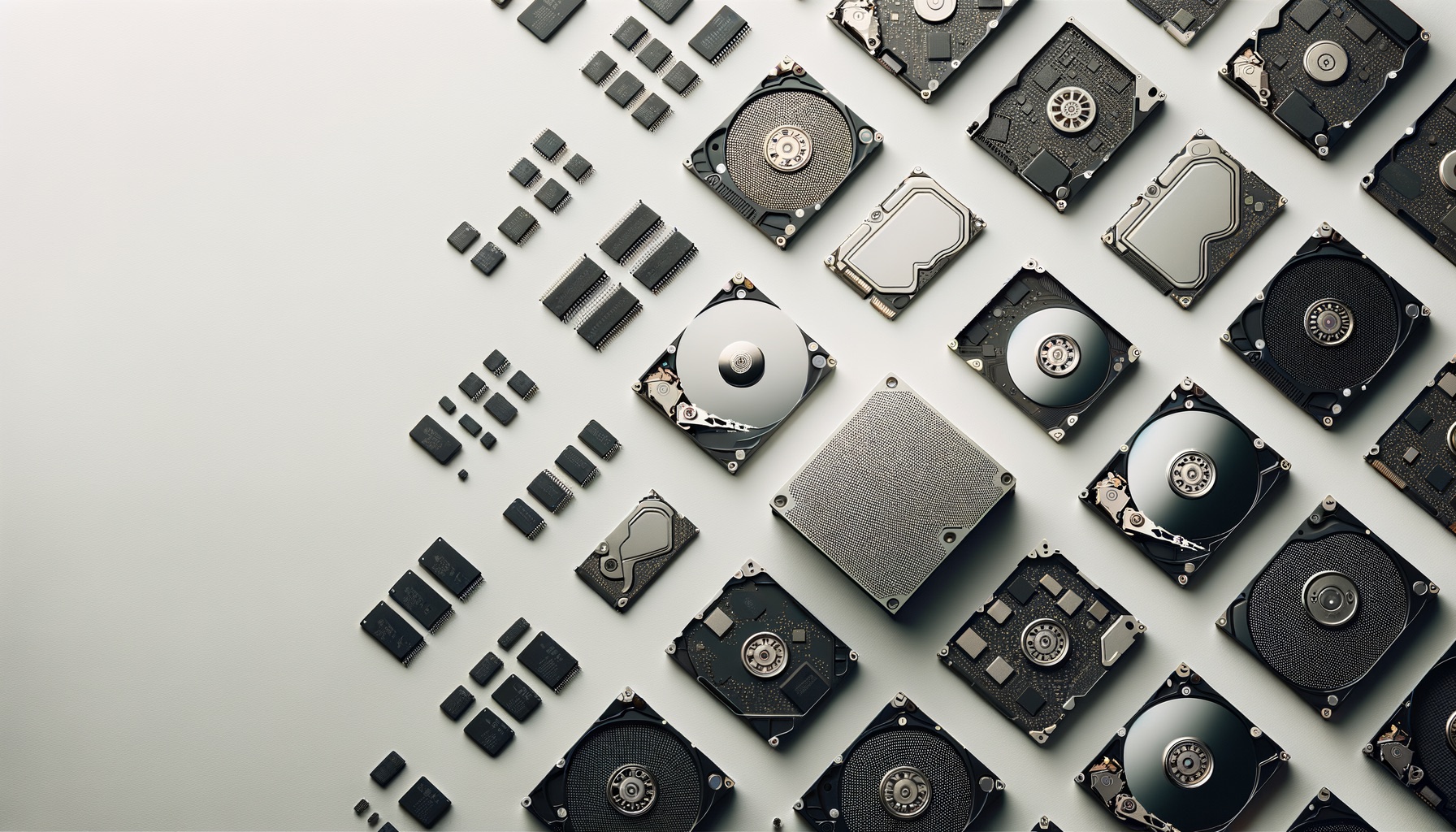 Hard drives and components arranged on a studio surface